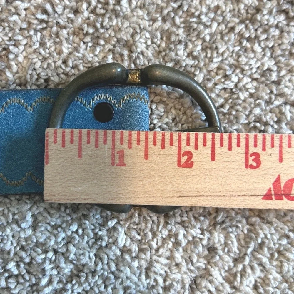 Boho Western Cowgirl Blue Sueded Polymer Western Stitch Belt Brass Buckle SZ 36